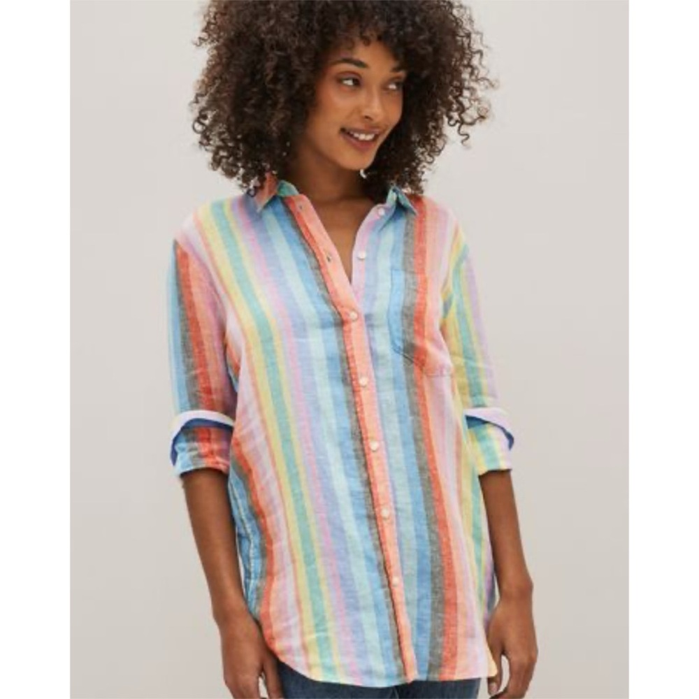 GAP Top Womens XS Rainbow Stripe 100% Linen Button Up Boyfriend Shirt Boho Beach